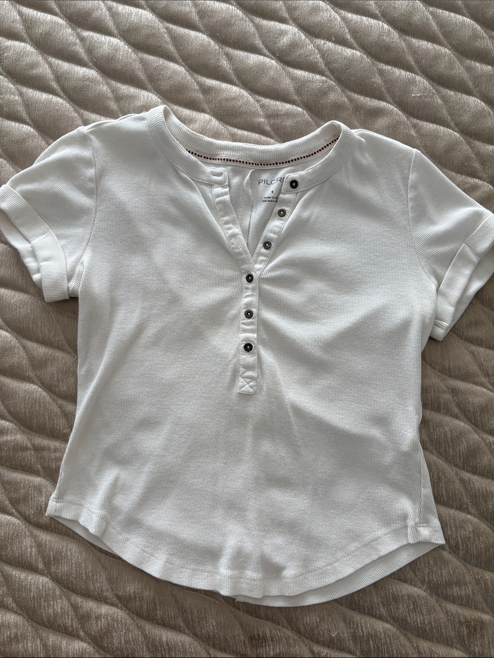 Pilcro White Short-Sleeve Henley Tee with Button Placket